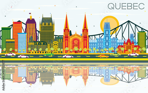 Quebec Canada Skyline with Color Buildings, Blue Sky and Reflections.
