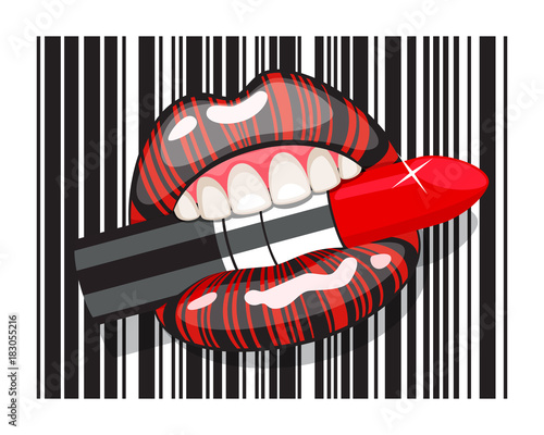 Barcode strip makeup of female mouth with lipstick