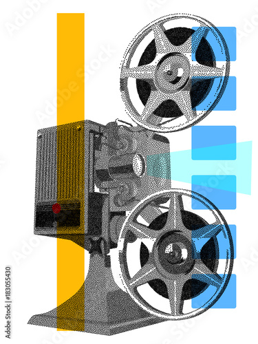 Film projector poster stippling on white.