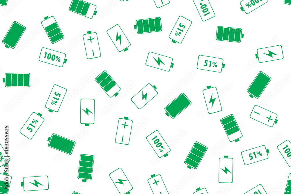 Seamless pattern with Green Battery Indicator Icons on white