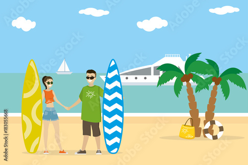 Cartoon couple in love holds surfboards on the beach,