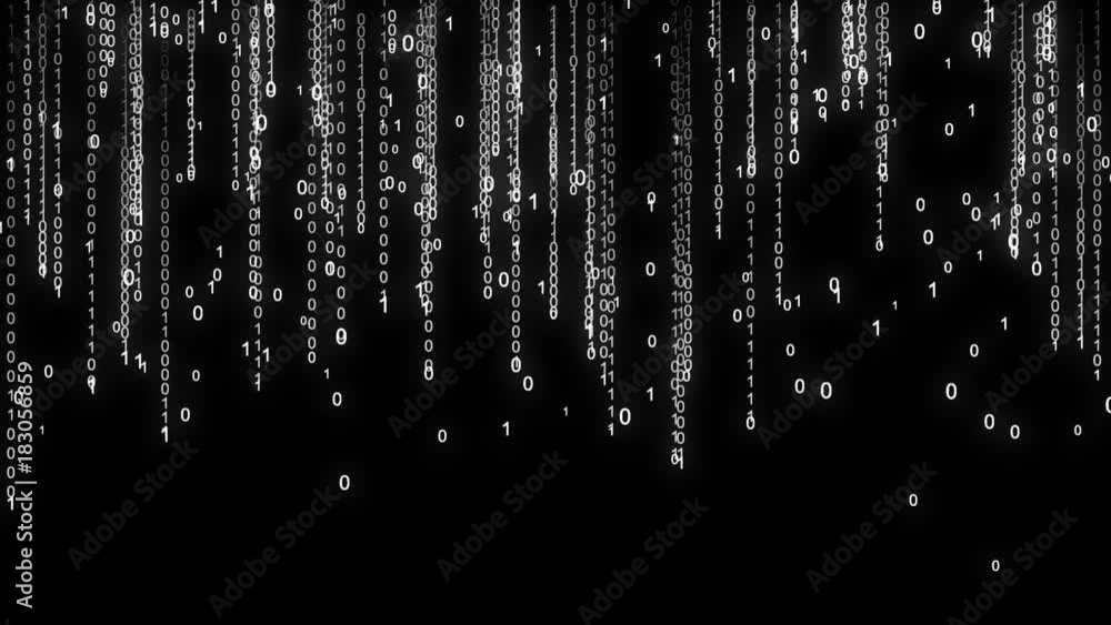 Binary rain. Abstract backdrop background. Digital Data Stream Matrix Effect. Zero ones streams. Seamless loop. Alpha channel transparent background. Stream start and finish from clear screen.