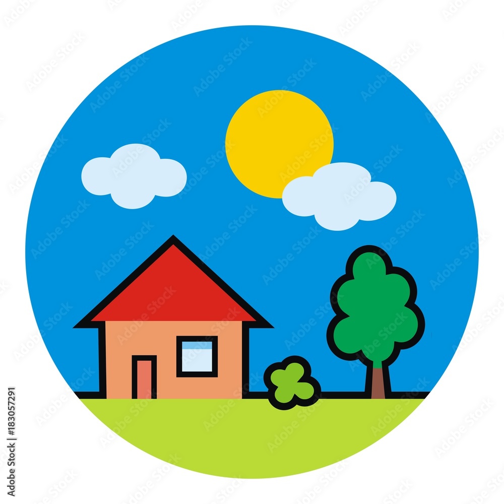 House and garden. Silhouette of house, bush and tree. Vector icon at circle frame. Colored illustration.At background is sun and clouds.