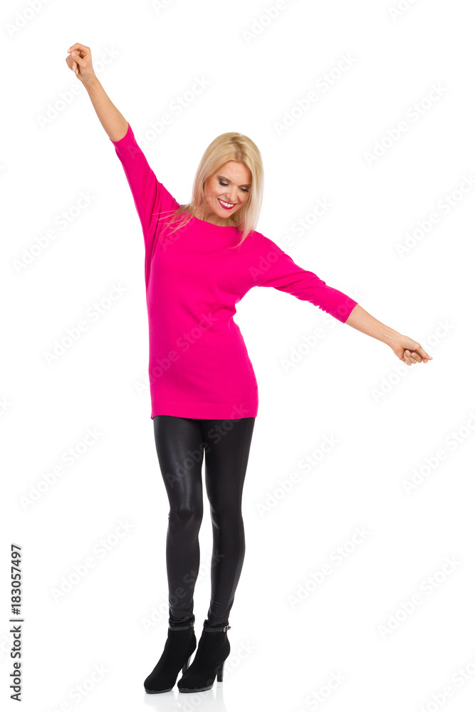 Smiling Blond Woman With Arms Outstretched Smiling Blond Woman With Arms Outstretched
