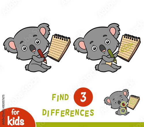 Find differences, education game, Koala and notebook