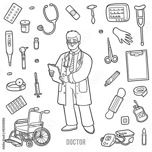 Vector set with doctor and medical objects. Black and white items