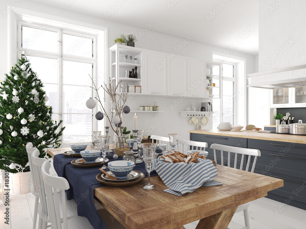 nordic kitchen with christmas decoration. 3d rendering