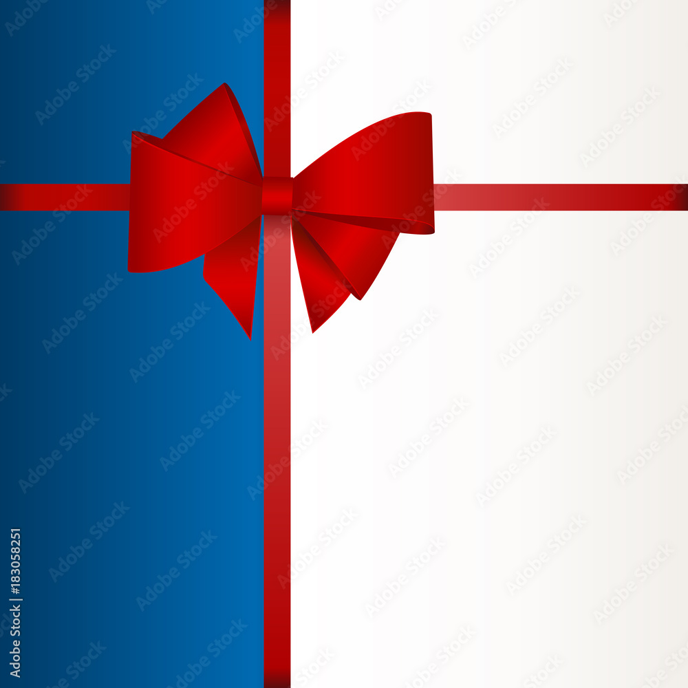 Invitation, Greeting or Gift Card With Red Ribbon And A Bow on blue background. Gift Voucher Template with place for text. Invitation, Greeting or Gift Card With Red Ribbon And A Bow on blue background. Gift Voucher Template with place for text.