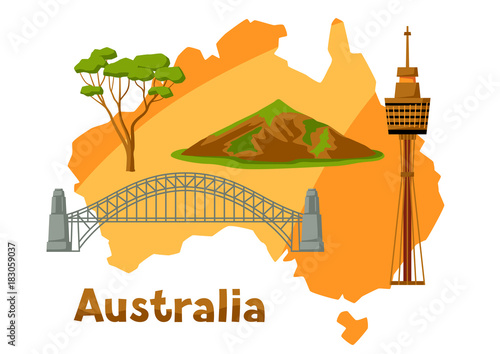 Illustration of Australia map with tourist attractions.