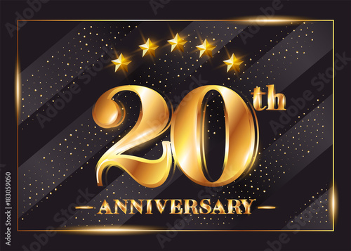 20 Years Anniversary Celebration Vector Logo. 20th Anniversary Gold Icon with Stars and Frame. Luxury Shiny Design for Greeting Card, Invitation, Congratulation Card. Isolated on Black Background.