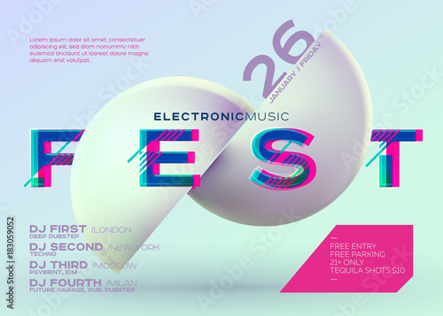 Vector Minimal DJ Poster. Electronic Music Cover for Music Fest or Club Party Flyer. Vibrant Background with Futuristic 3D Shape. Creative Minimalist Template. Horizontal orientation. Neon Colors.