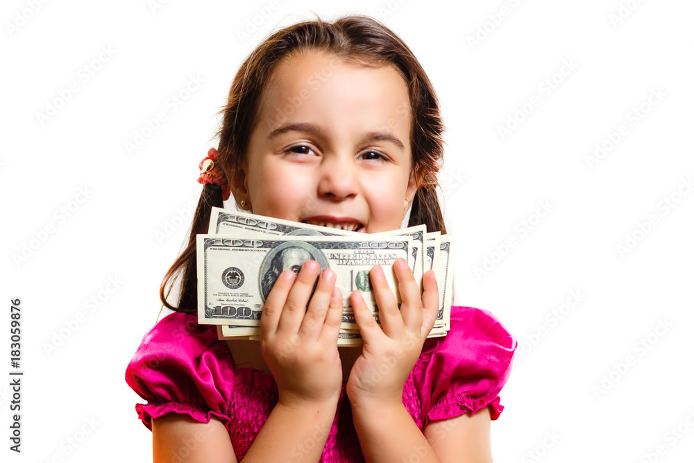 Portrait of cute little asian girl holding money isolated on white background. Small toddler asian girl counting her allowance dollar note. Portrait of cute little asian girl holding money isolated on white background. Small toddler asian girl counting her allowance dollar note.