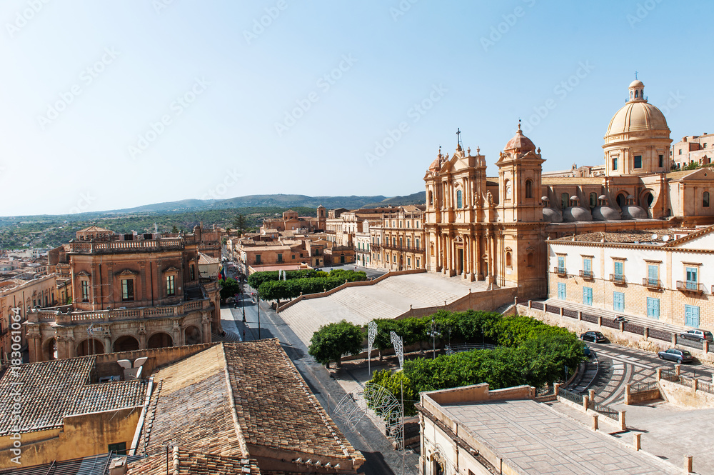 Panoramic view of Noto baroque city hall and cathedral, UNESCO world heritage site, Sicily, Italy