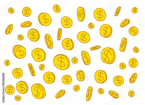 Gold coins dollars on a white background. Sketching by hand