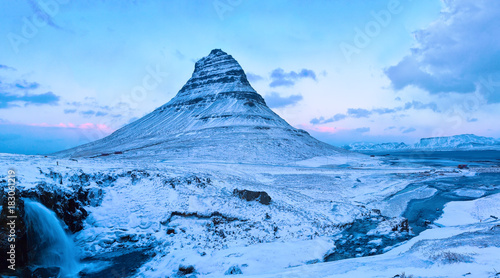 The Kirkjufell mountain in winter at twilight, Snaefellsnes, Iceland.