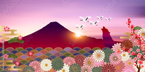 戌　年賀状　富士山　背景