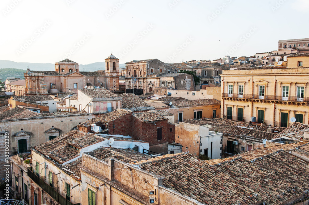 Noto baroque sicilian city old buildings panoramic view, Sicily, Italy