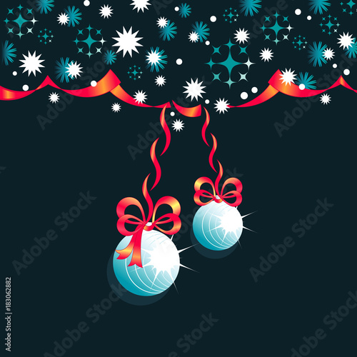 Christmas balls, tapes and bows on dark Blue Winter background with snowflakes. Vector