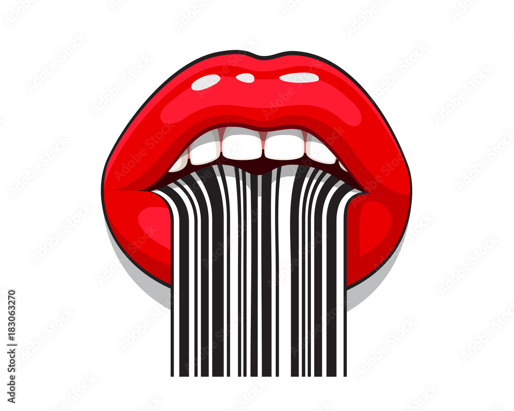 Barcode strip makeup of female mouth with tongue Barcode strip makeup of female mouth with tongue