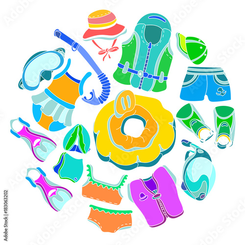 Set with swimming goods for kids on white background. . Vector color illustration in circle.