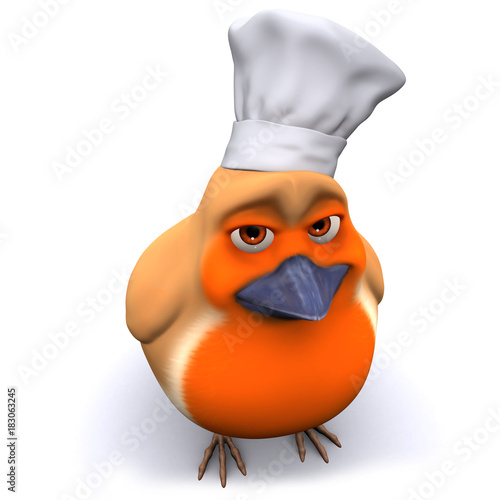 3d Cartoon robin bird wearing a chefs hat photo