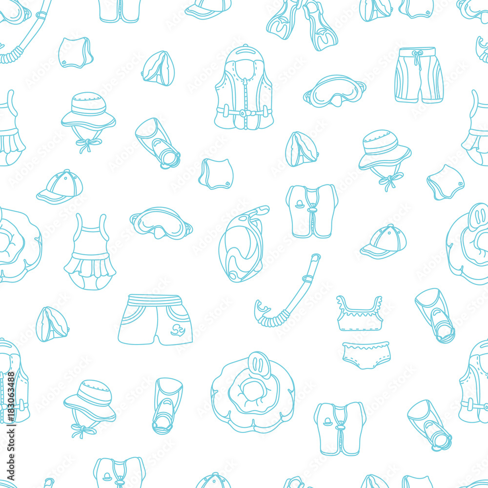 Seamless pattern of swimming goods for kids on white background. Vector icons Illustration. Seamless pattern of swimming goods for kids on white background. Vector icons Illustration.