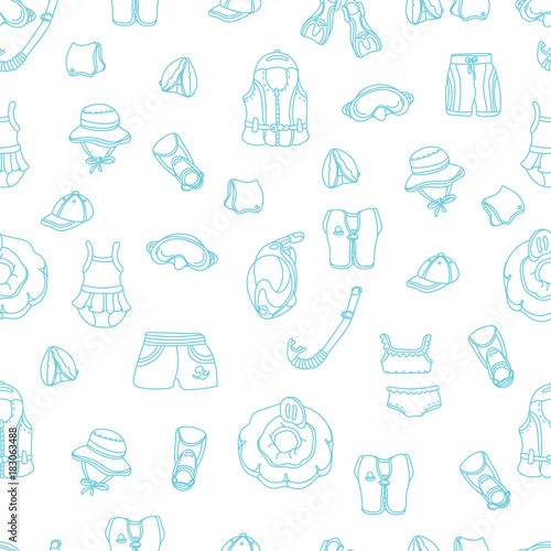 Seamless pattern of swimming goods for kids on white background. Vector icons Illustration.