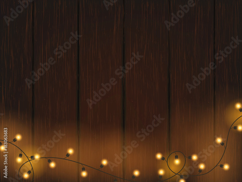 Christmas lights on wooden background . Glitter defocused golden vector illustration