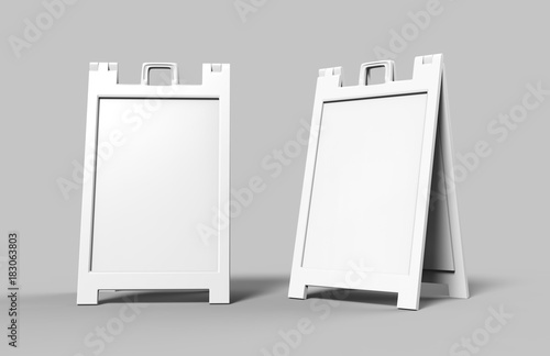 Lightweight and portable plastic A-Frames Advertising Banner Stands are great way to advertise your business on a sidewalk and direct your customers to your storefront. 3d render illustration.