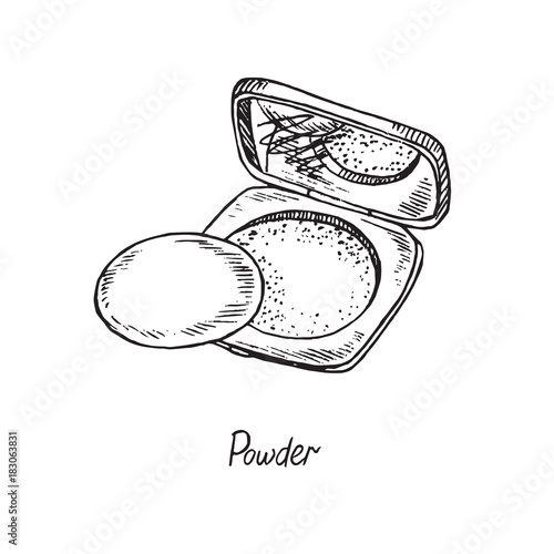 Face powder box open with mirror, hand drawn doodle sketch with inscription, isolated vector illustration