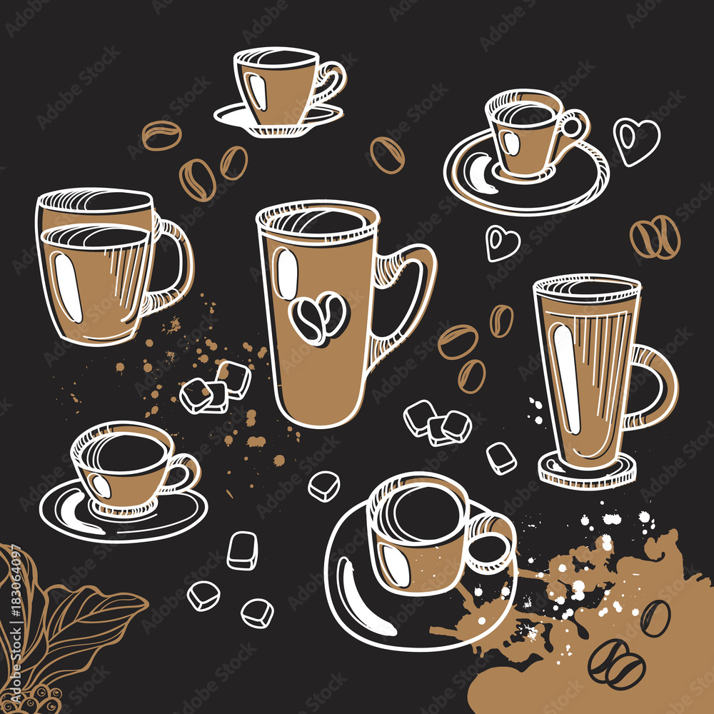 Obraz premium Set of different cup of tea and coffee. Graphic handmade sketch. Vector illustration