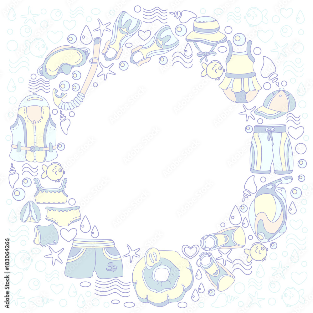 Template with swimming goods for kids in circle. Vector color illustration.