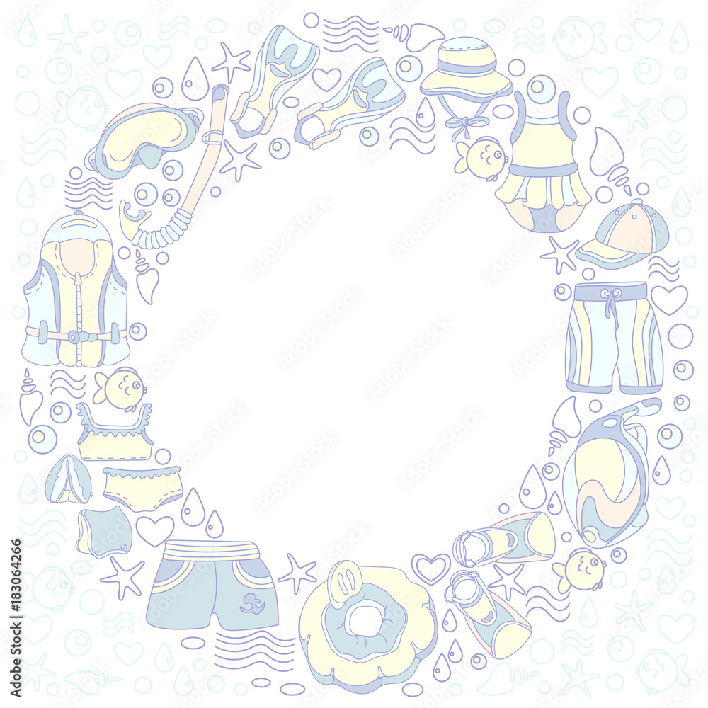 Template with swimming goods for kids in circle. Vector color illustration. Template with swimming goods for kids in circle. Vector color illustration.