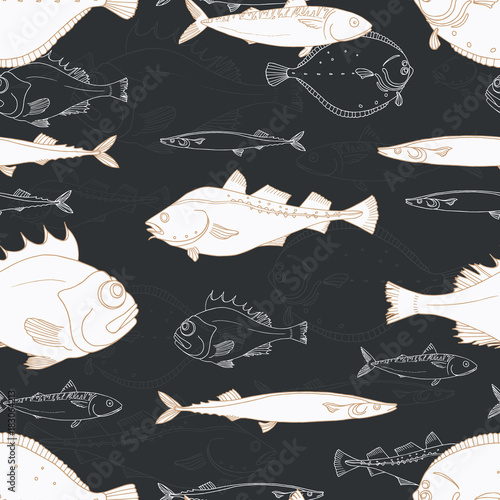 Seamless pattern of white sea fish on black background. Perch, cod, scomber, mackerel, flounder, saira. Vector doodle.