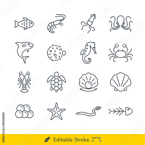 Fish and Seafood Icons / Vectors Set - In Line / Stroke Design