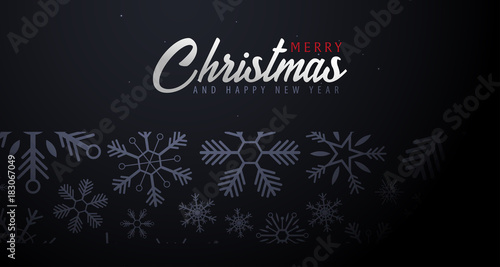 Marry Christmas and Happy New Year banner on dark background with snowflakes. Vector illustration.
