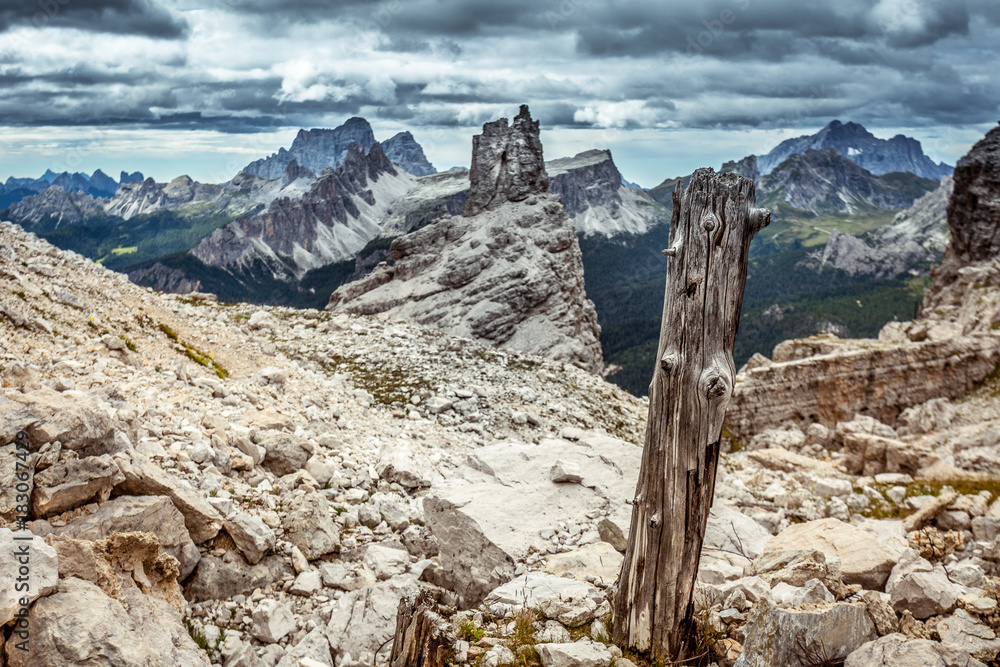Old wood with awesome mountains background Fontananegra Pass, Cortina d'Ampezzo, Dolomites, Veneto, Italy