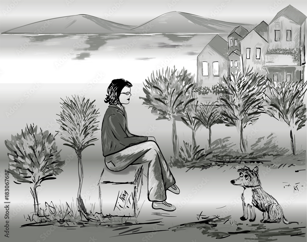 black and white sketch picture with nature and friends Stock Vector