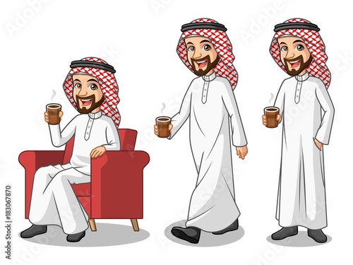 Set of businessman Saudi Arab man cartoon character design making a break relaxing with holding drinking a coffee tea, isolated against white background.