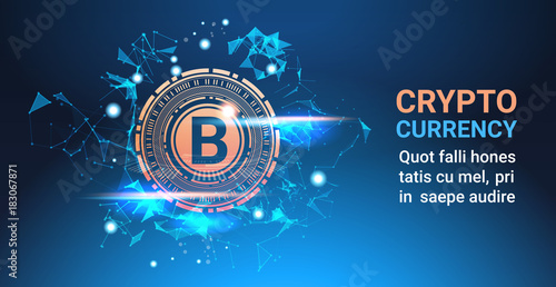 Crypto Currency Bitcoin On Blue Background Digital Web Money Modern Technology Banner With Copy Space Vector Illustration