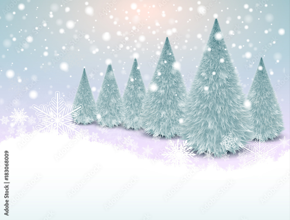 Christmas background with snowflakes and winter christmas trees