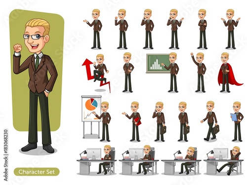 Set of blonde businessman in brown suit cartoon character design with different poses, isolated against white background.