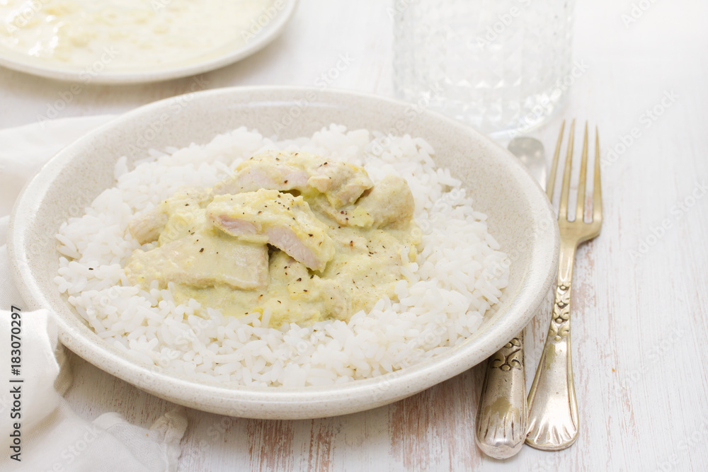 turkey curry with boiled rice on plate turkey curry with boiled rice on plate
