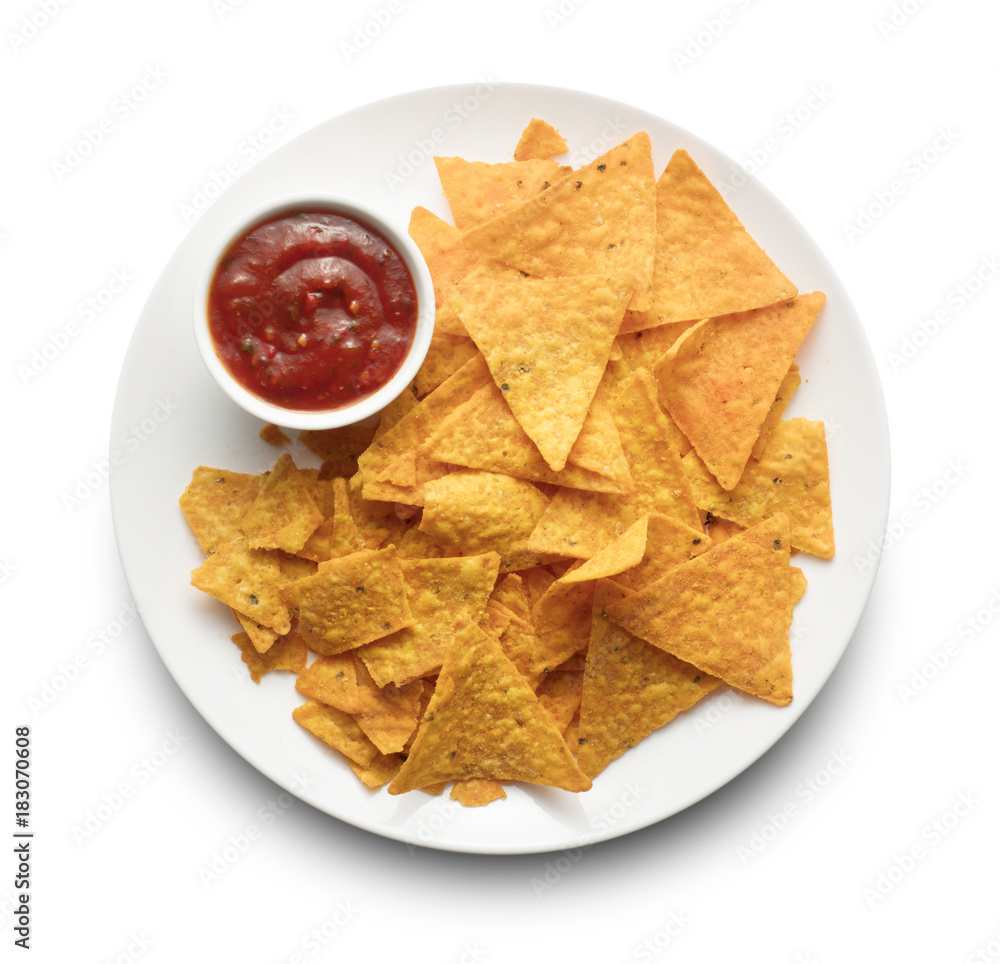 Nachos on white plate isolated on white background Nachos on white plate isolated on white background