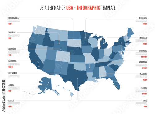 Detailed map of United States of America. Vector template for infographics. Editable stroke.
