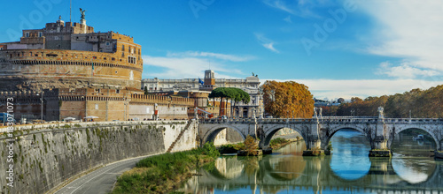 The Mausoleum of Hadrian (Castel Sant'Angelo) and Tiber river scenic day view in Rome, capital of Italy