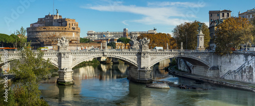 Rome, Italy - view of a bridge over Tiber river and of the Mausoleum of Hadrian, usually known as Castel Sant'Angelo