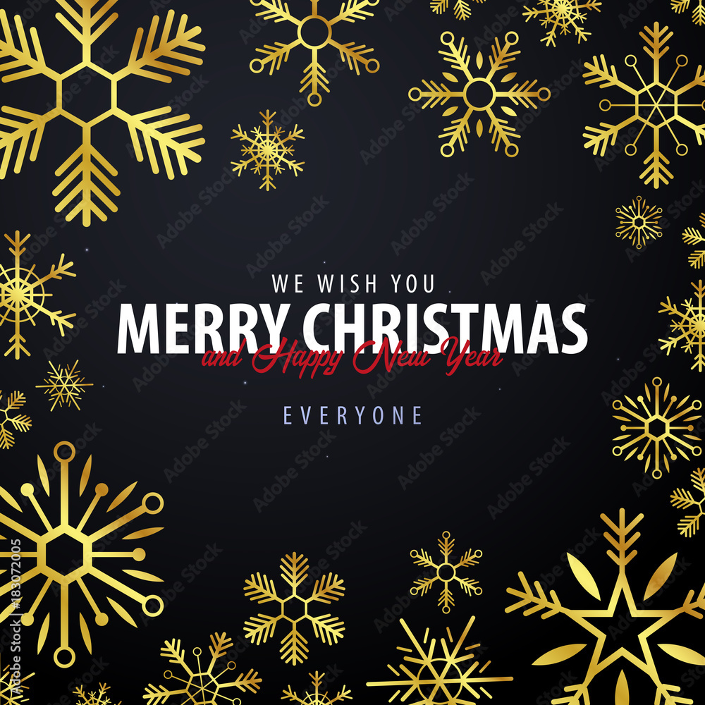 Marry Christmas and Happy New Year banner on dark background with snowflakes and gift boxes. Vector illustration.