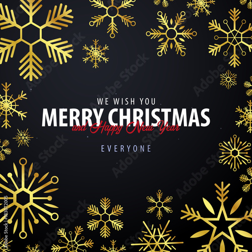 Marry Christmas and Happy New Year banner on dark background with snowflakes and gift boxes. Vector illustration.