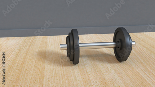 black dumbbell on wood floor 3d rendering sport fitness concept